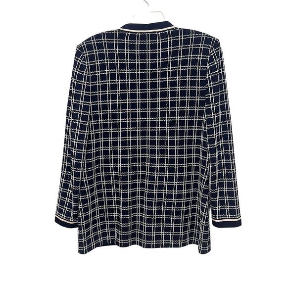 St John Collection Vintage Blue/ White Windowpane Plaid Knit Button Sweater 12 - Picture 2 of 7